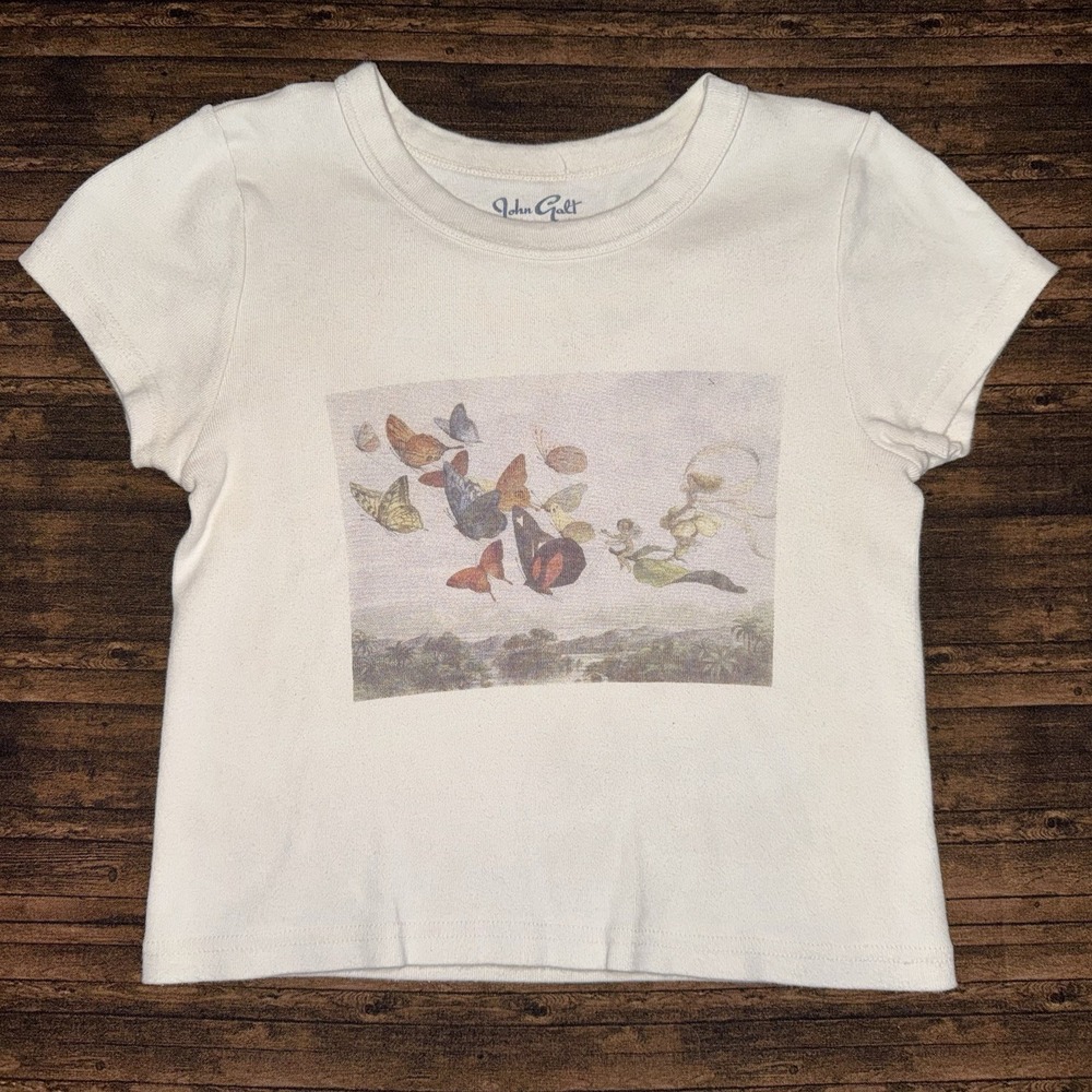 JOHN GALT Butterfly Flight Graphic Print Cotton Ashlyn Cropped Baby Tee Top